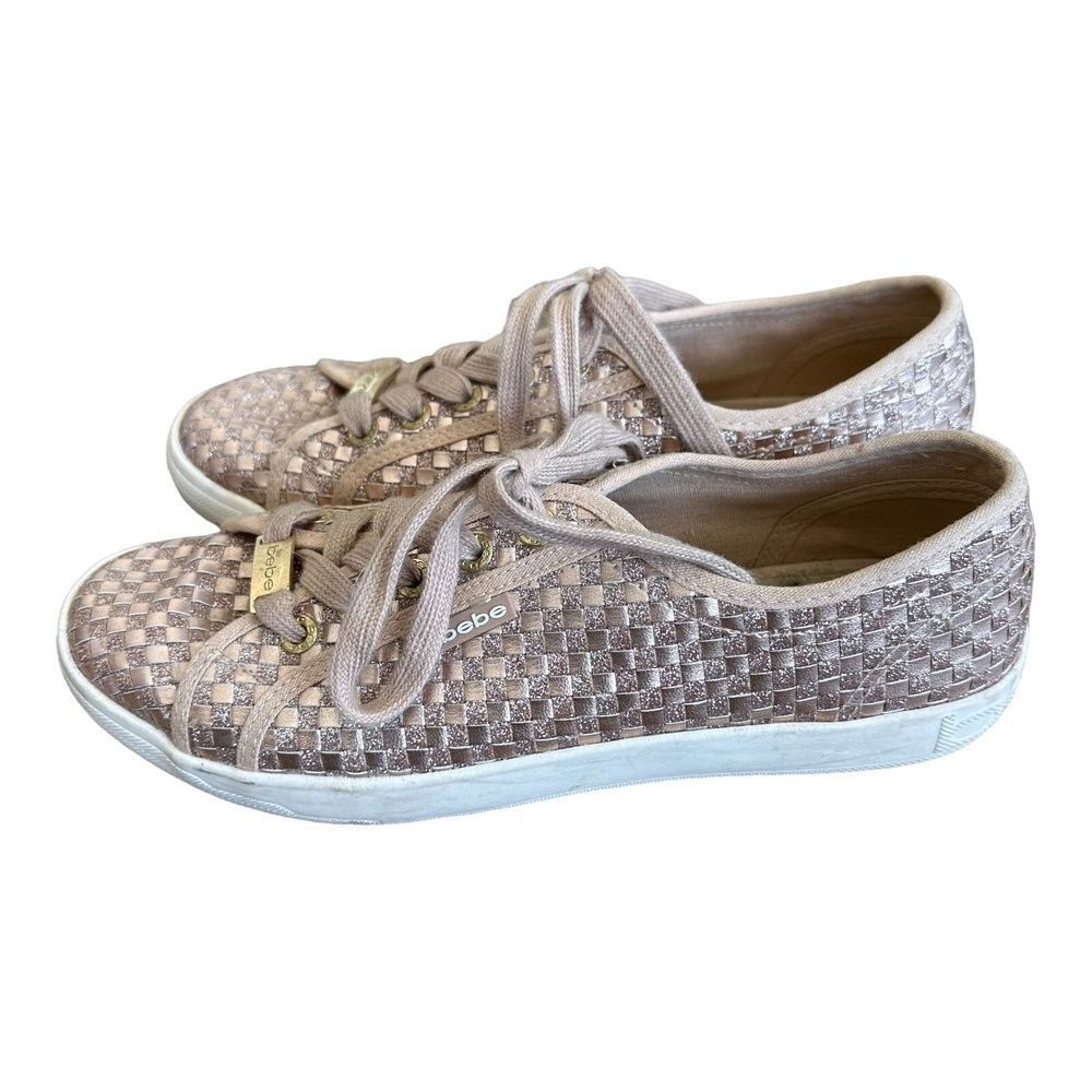 bebe Sport Womens Dorey Sneaker Gold Pink Basketweave Shoes Casual Everyday 9